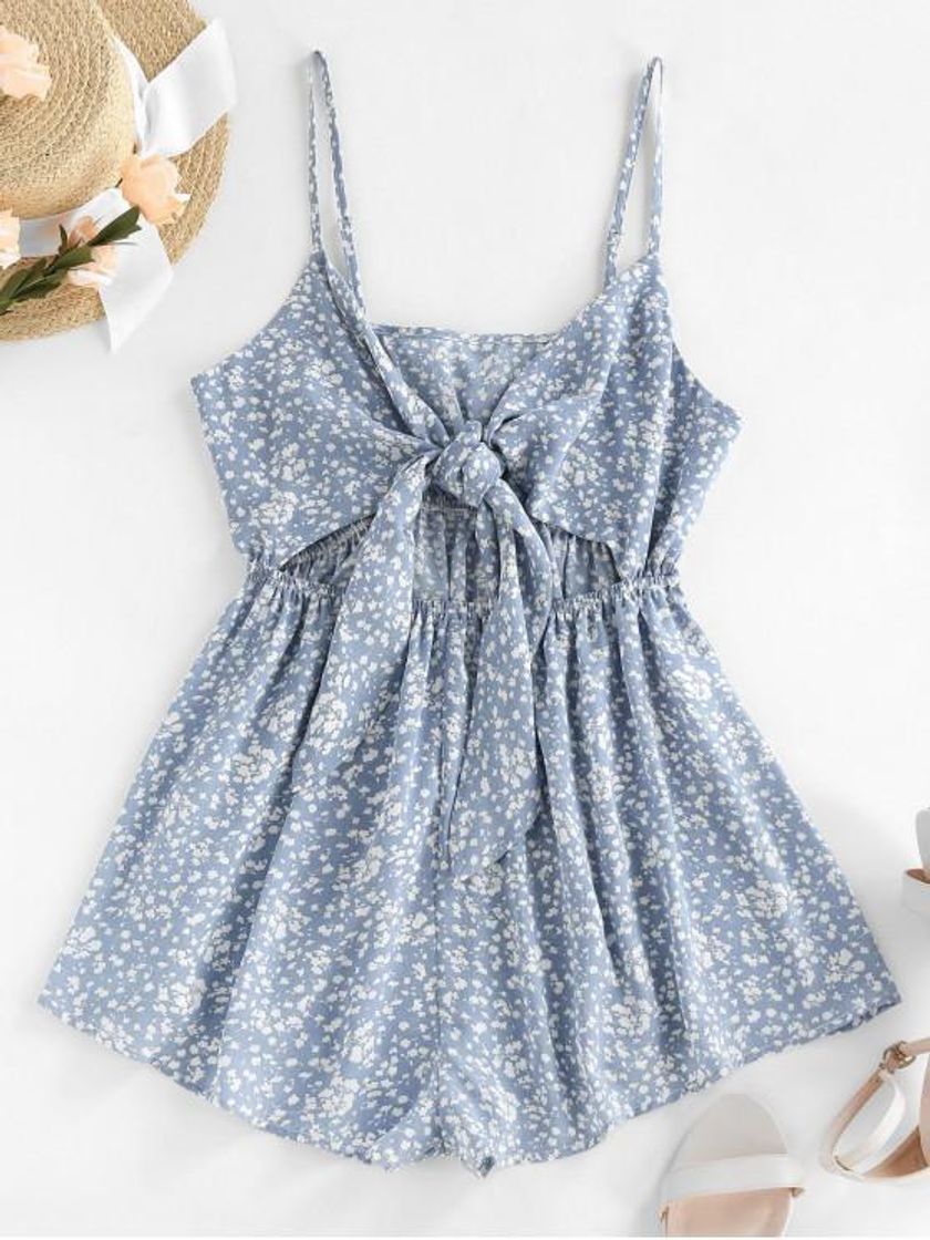 Social ZAFUL Ditsy Print Tied Cutout Wide Leg Romper