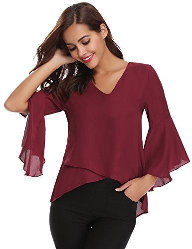 Abollria Camisa de Gasa para Mujer 3/4 Mangas Elegante Blusa Chiffon Cuello