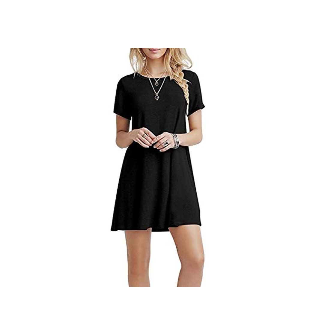 Social YOUCHAN Vestidos Mujer de Camiseta Suelto Casual Cuello Redondo Ocasional Sólida Mini Vestido_Negro_L