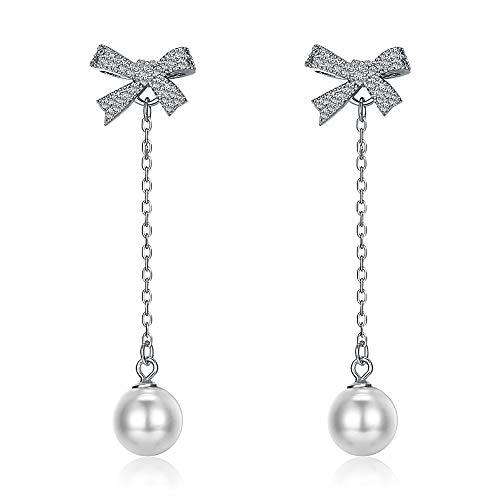 Belleza DEQIAODE Bow Tie Beads Drop Pearl Pendientes para Mujer S925 Sterling Silver