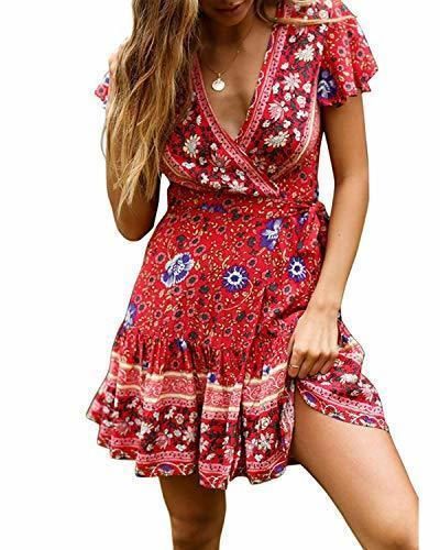 Abravo Mujer Vestido?Bohemio Corto Florales Nacional Verano Vestido Casual Magas Cortas Chic