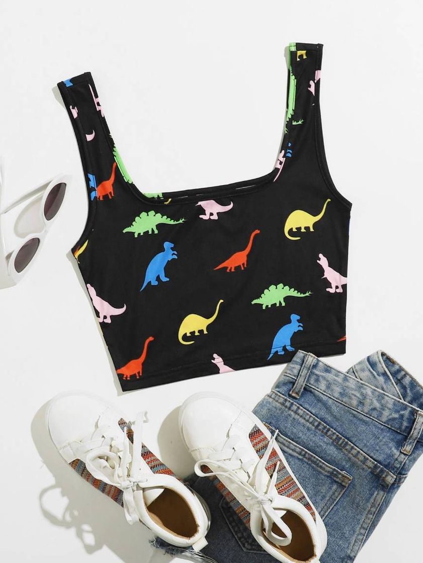 Moda Camiseta de alças com padrão de dinossauro
