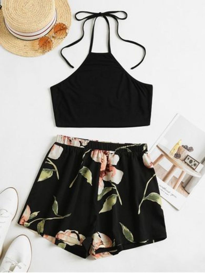 Fashion ZAFUL Flower Print Halter Contrast Two Piece Set - Black S