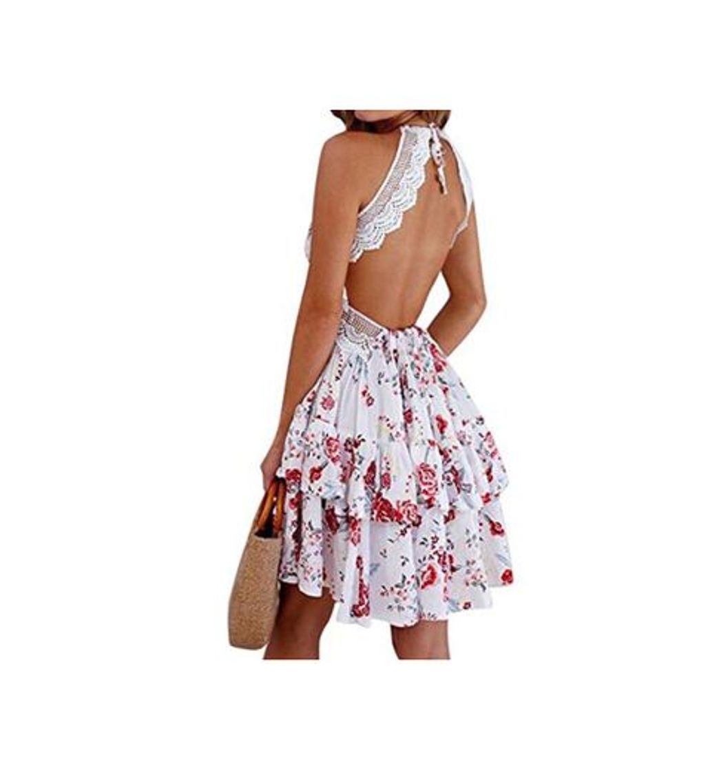 Moda Mujer Vestido Bohemio Corto Sin Espalda Verano Vestido Sexy Cuello en V Noche Vestidos de Playa Floral L