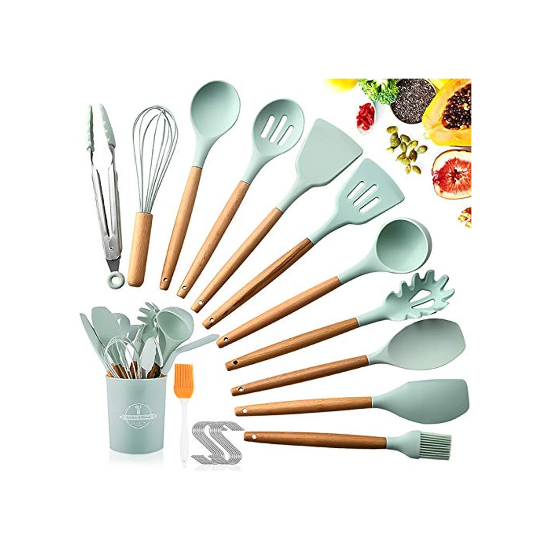 Product SaiXuan Utensilios Cocina de Silicona,Antiadherente con Mango de Madera para Utensilios,No Tóxicas