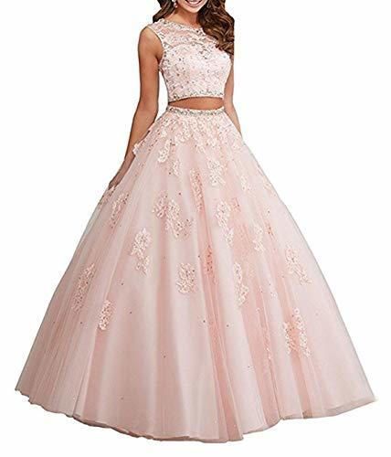 Social XUYUDITA Vestido de Bola de Encaje Largo de Dos Piezas Rhinestones Quinceanera