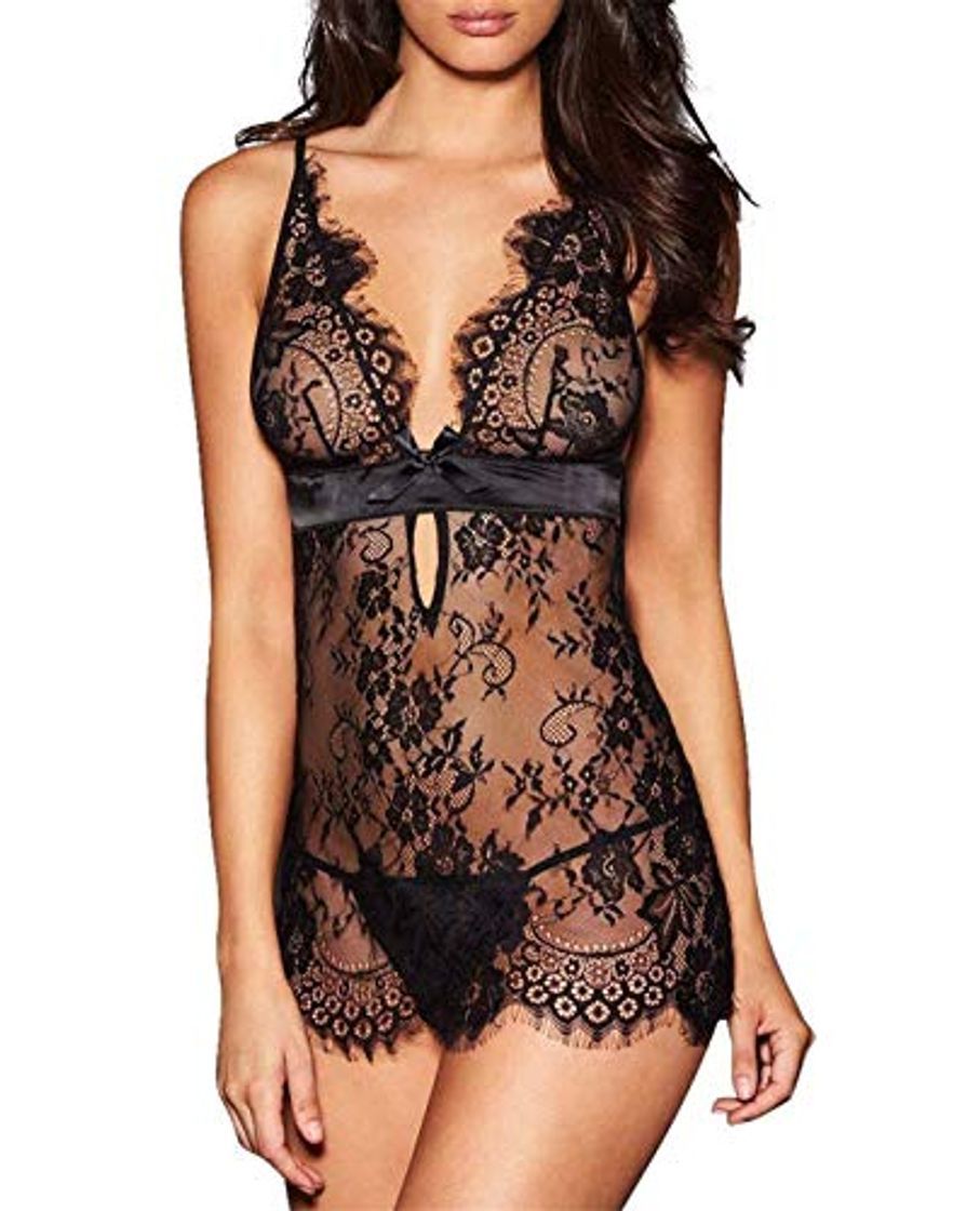 Social SxyBox Chemise Mujer lencería Sexy erótica Transpatent Encaje Vestido sin Tirantes con Tanga