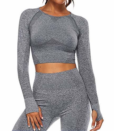 Product Tops Yoga Camiseta Deportiva Sin Costura Mangas Larga Fitness Mujer Gimnasio Gris