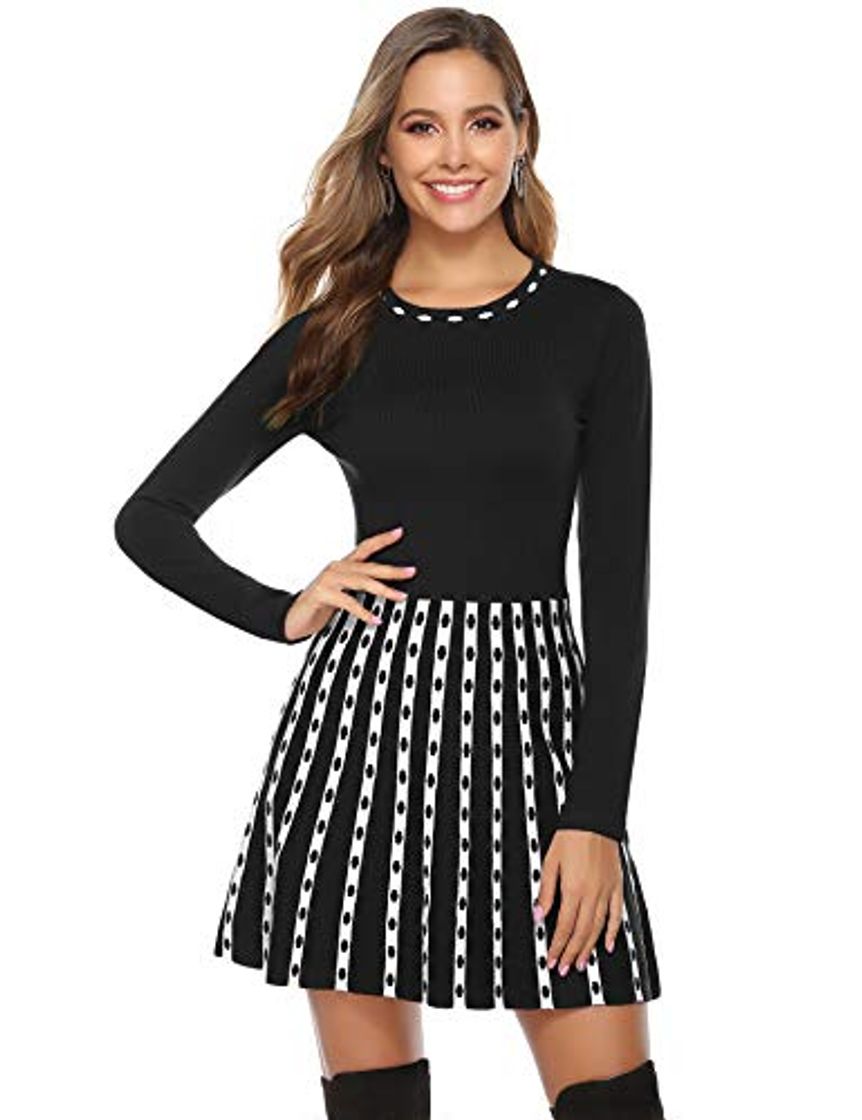 Moda Hawiton Vestido de Punto para Mujer Vestido de Suéter de Cuello Alto Elegante Jersey de Manga Larga de Una Línea para Otoño Invierno