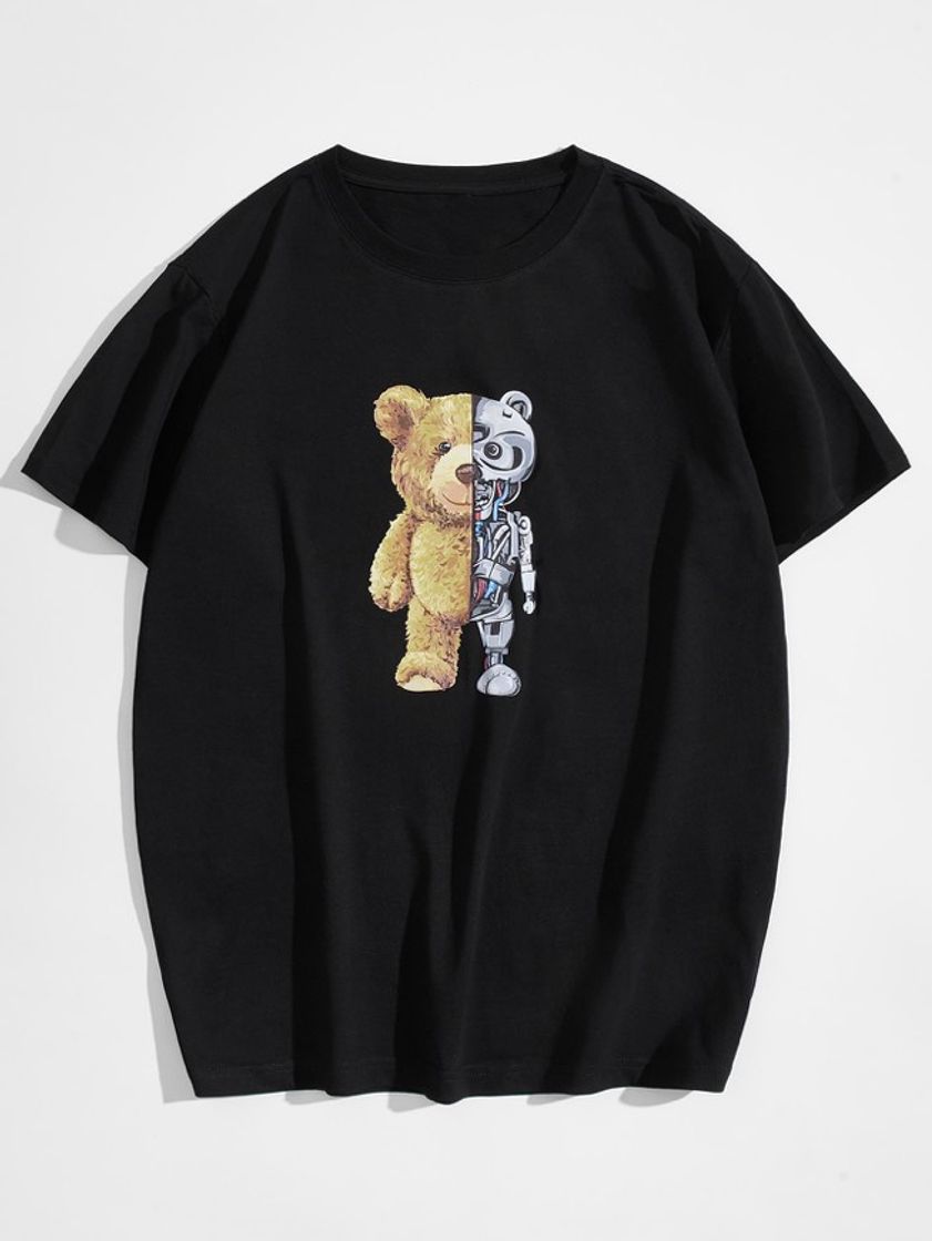 Fashion Camisa Preta Estampa de Urso