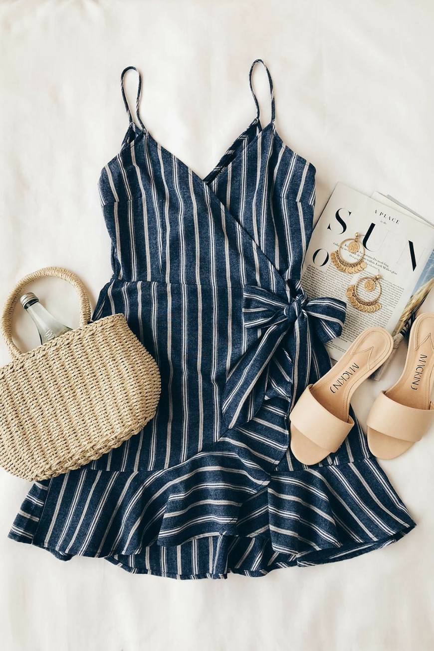 Fashion Voyage Blue and White Striped Wrap Dress 