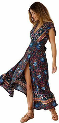 Mujeres Sexy Cuello En V Vestidos Bohemio Wrap Floral Impreso Vintage Estilo