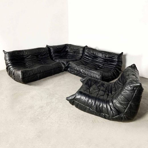 Modular 4-piece black leather Togo sofa by Michel Ducaroy for ...