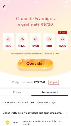 Ganhe até $720,00 usando meu código 