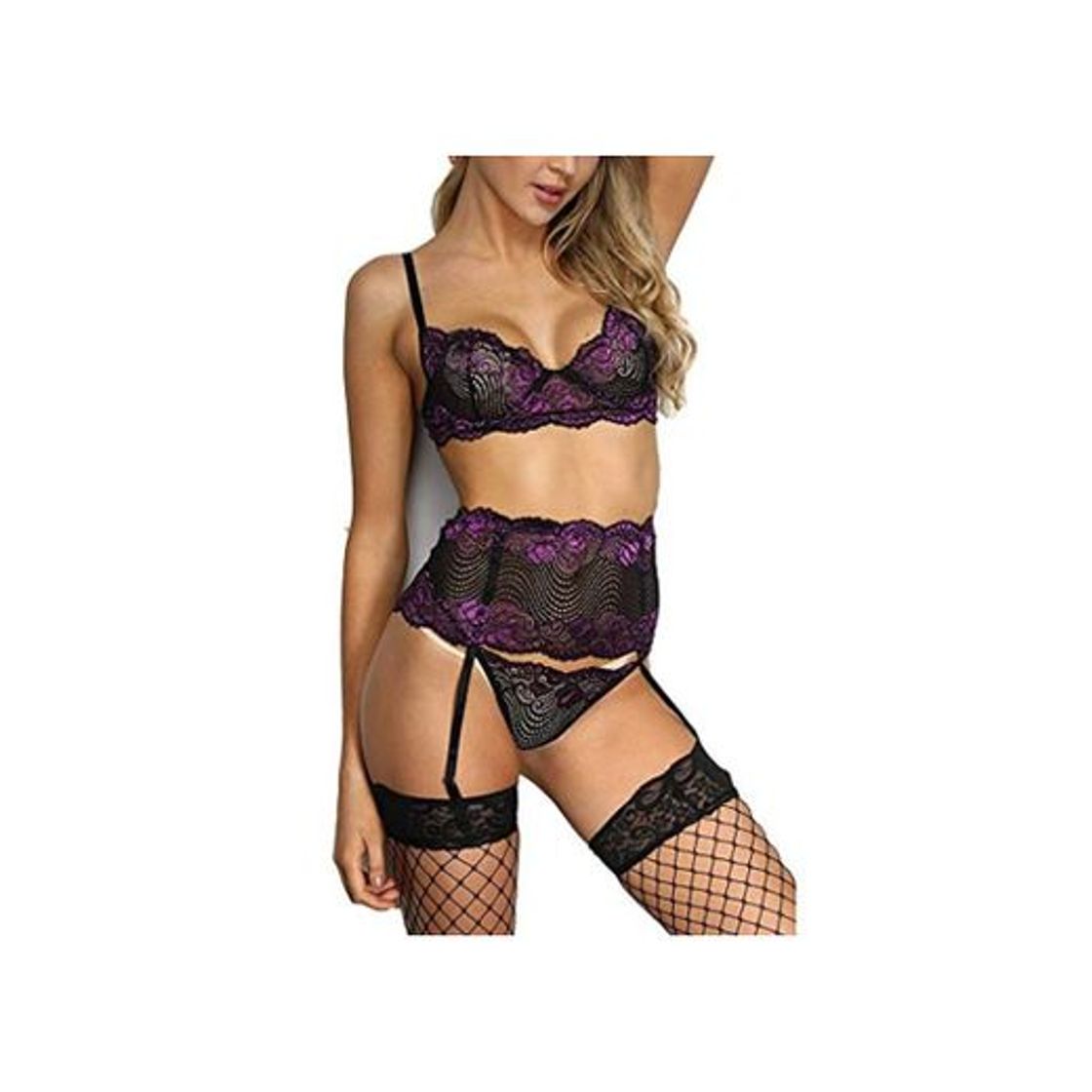 Products QinMMROPA Conjuntos Sexy Mujer Lenceria Encaje Sujetador y Tanga y Liguero Ropa Interior Picardias Babydoll Lenceria Mujer Transparente Lenceria Abierta Morado XXXL