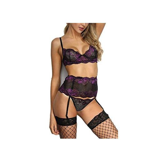 QinMMROPA Conjuntos Sexy Mujer Lenceria Encaje Sujetador y Tanga y Liguero Ropa Interior Picardias Babydoll Lenceria Mujer Transparente Lenceria Abierta Morado XXXL