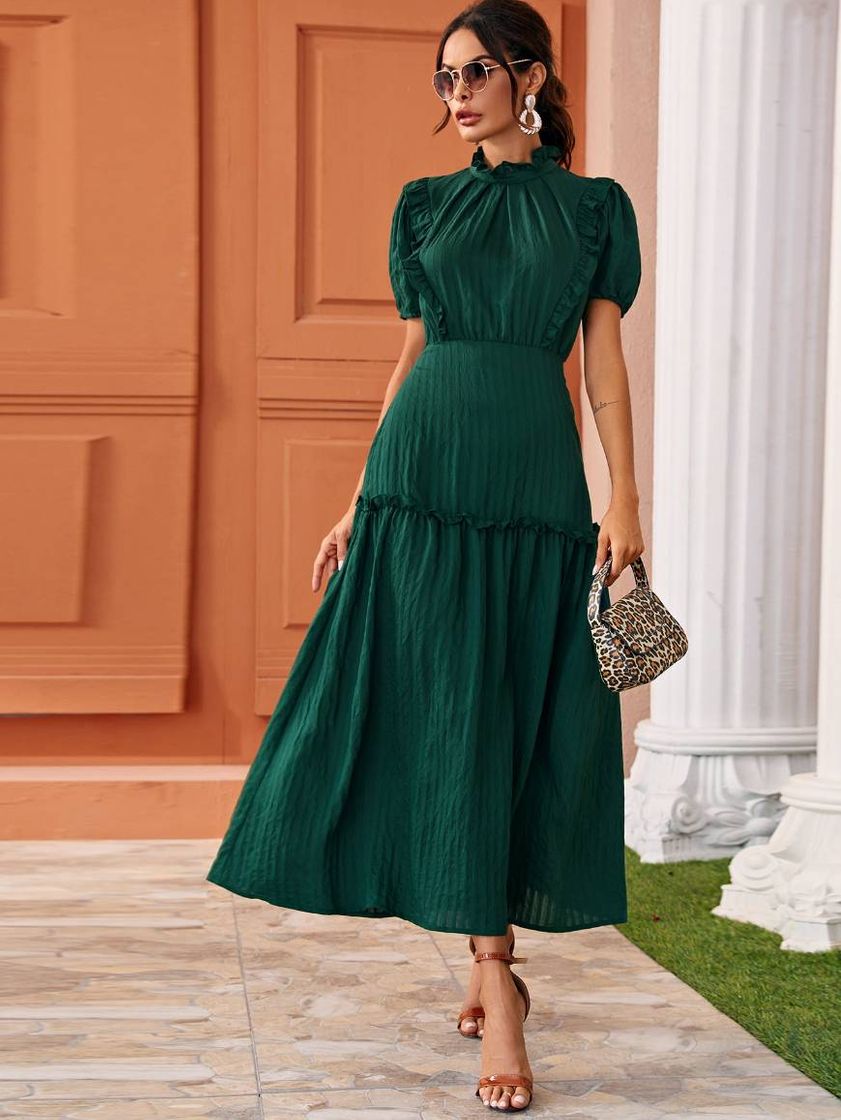 Fashion Vestido verde babado midi