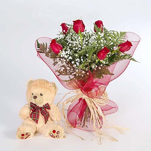 Lugar REGALAUNAFLOR-Ramo 6 rosas rojas con osito-FLORES FRESCAS-Entrega en 24 horas de lunes