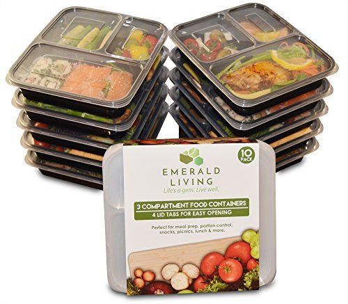 |10 pack| 3 Compartimento comida Prep Contenedor. Bento Box Set con tapa. SAFEPRINT para