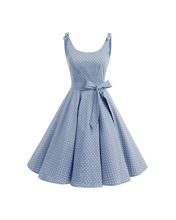 Bbonlinedress Vestidos de 1950 Estampado Vintage Retro Cóctel Rockabilly con Lazo Blue