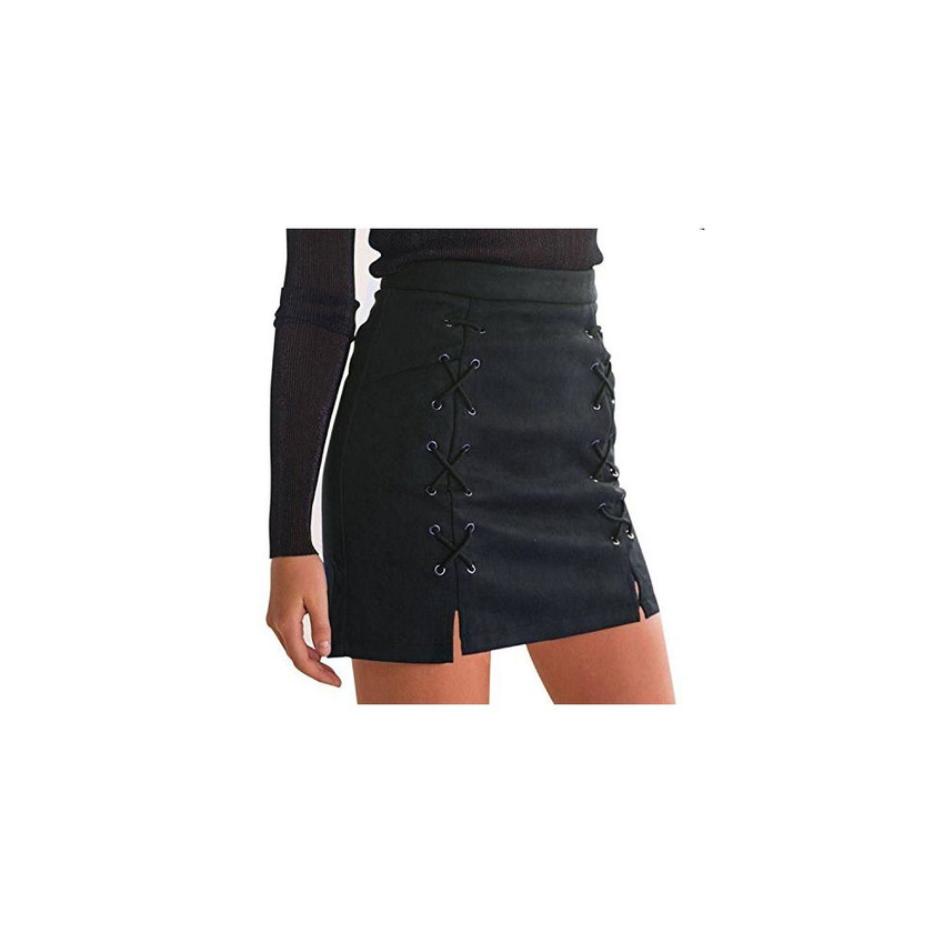 Minetom Mujer Chicas Ante Cintura Alta Delgado Bandas Minifalda Primavera Verano Moda Corto Vestidos Una línea Falda Mini Skirt Negro EU M