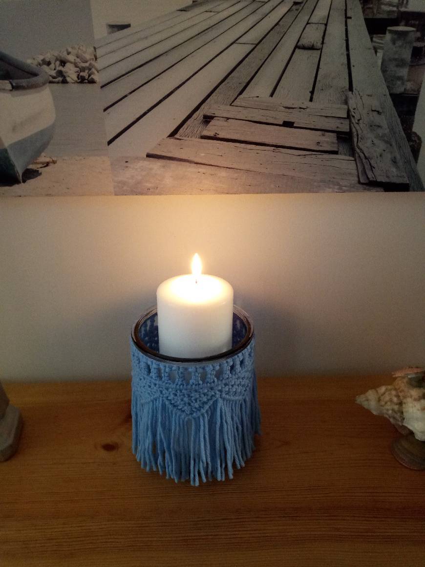 Product Vela branca com porta velas em macramé