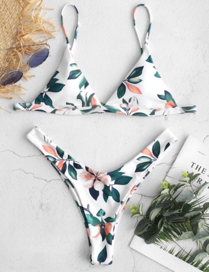 Social ZAFUL Leaf Print High Leg Bikini Set