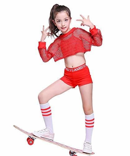 5pcs Girls Red Modern Jazz Hip Hop Dance Costume Stage Performance Outfit
