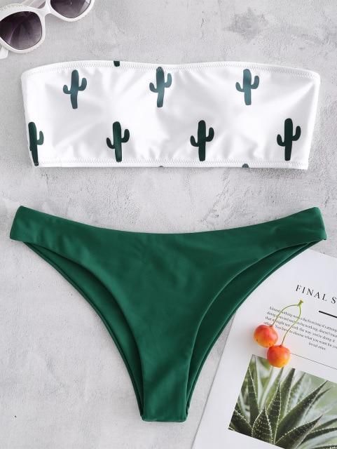 Moda ZAFUL Traje de baño de Dos Piezas con Estampado de Cactus para