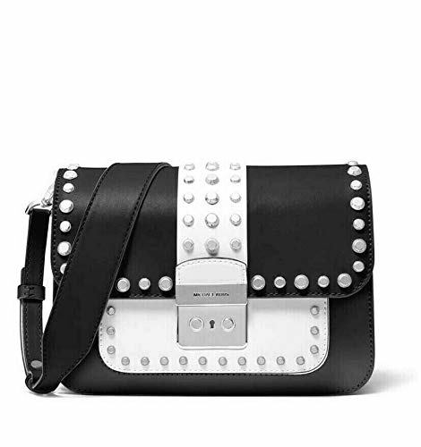 Place MICHAEL Michael Kors Sloan Editor Studded Two-Tone Leather Shoulder Bag in Black/Optic