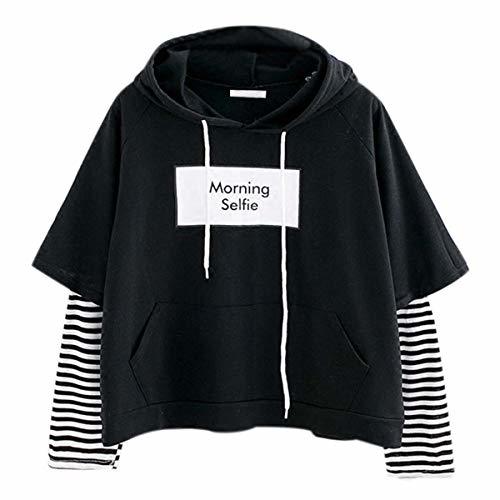 Moda Hoodies Morning Selfie Moletom Women Striped Patchwork Hoodies Sweatshirts with Front Pocket