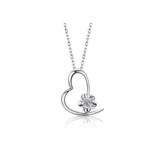 Epinki Cadena de oro blanco 18K Corazón Flores con Colgante Cadena de Oro Collar para Mujer con Diamante Plata para Regalo de Cumpleaños