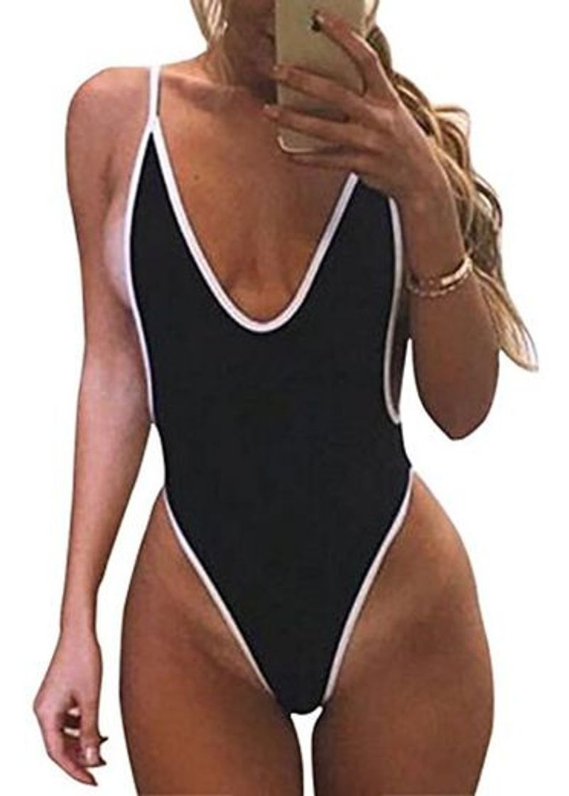 Fashion SUIWO Baño Mujeres Cabestro Bikini de Talle Alto de una Pieza Trajes de baño de Tankini de la Nadada de Las señoras V Profundo sin Espalda del Traje de baño Traje de baño Semi Bikini de la Correa