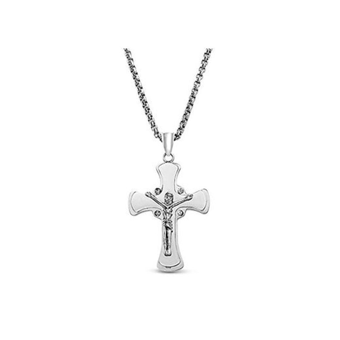 Moda Steve Madden 24" Stainless Steel Diamond Cut Rolo Chain Cubic Zirconia Cross Pendant Necklace for Men