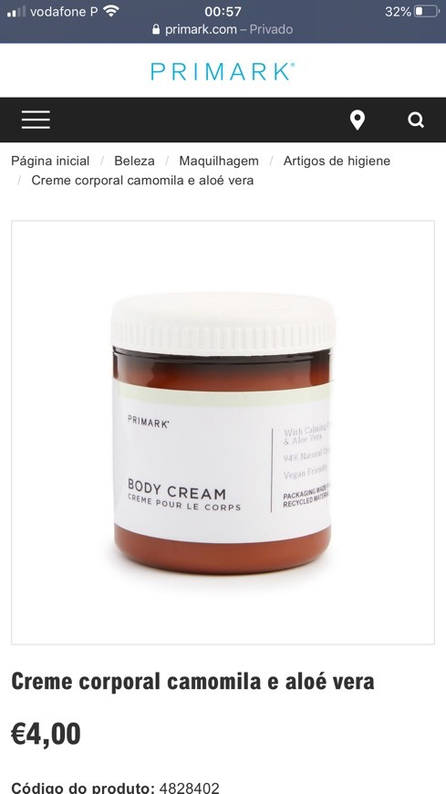 Product Creme corporal camomila e aloé vera 