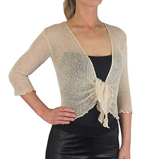 Mimosa Mujer Crochet Bolero Brillo Liso de Encaje Elastico Cardigan Abierto