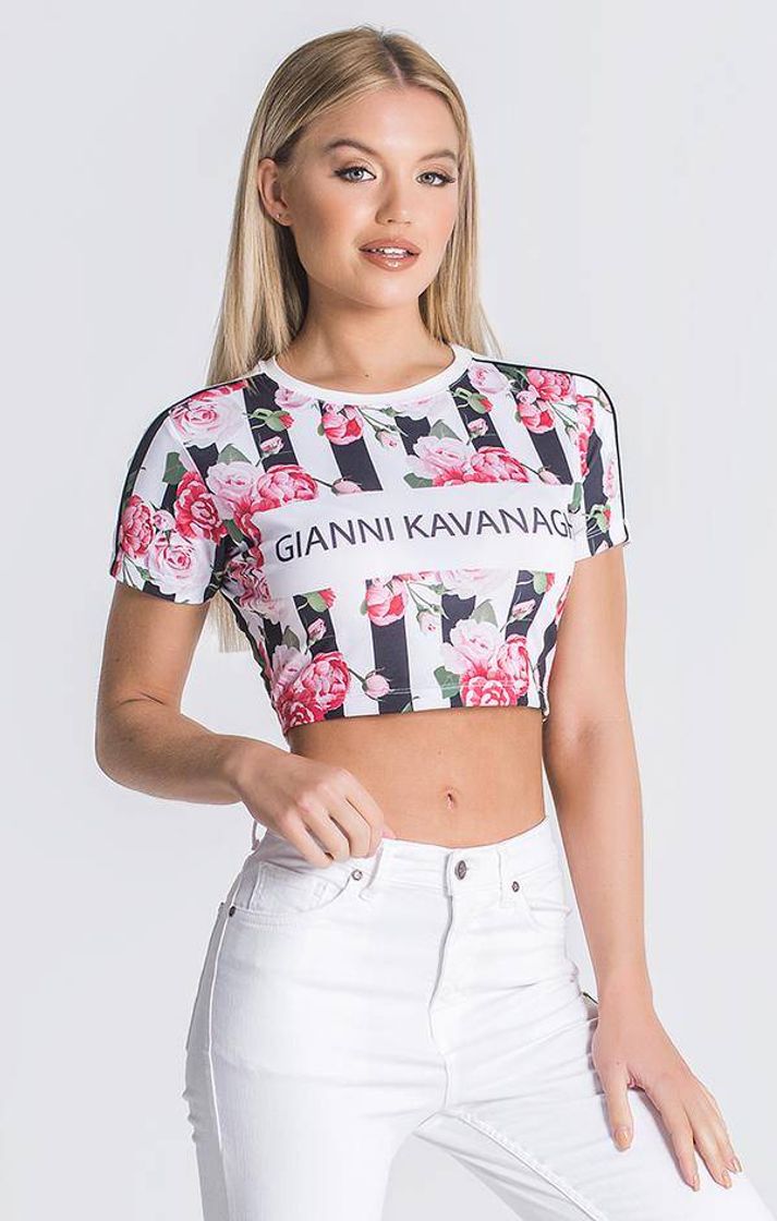 Social White Pink Racer Roses Cropped Tee
