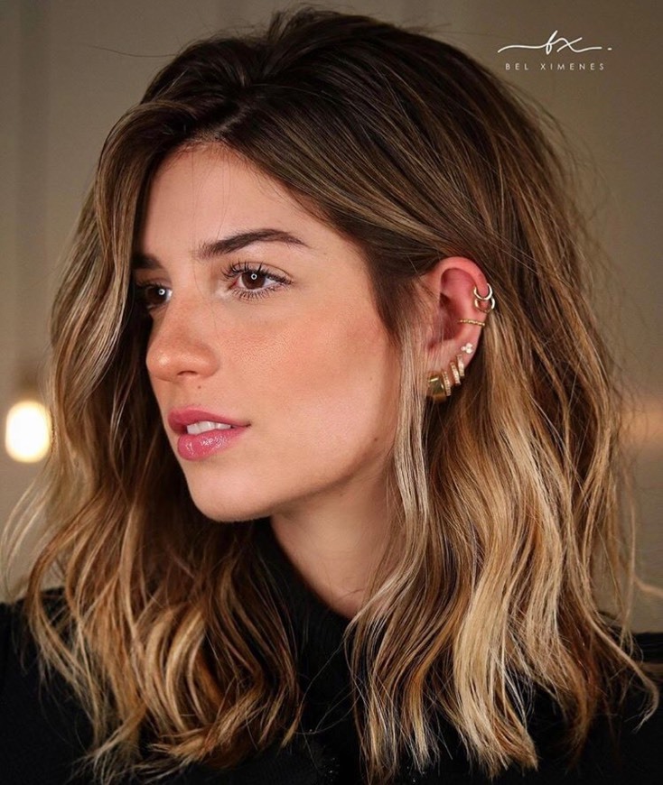 Fashion Cabelo Long Bob Castanho Com Mechas Douradas