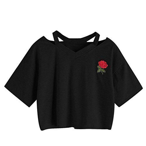 Goodsatar Mujer Rosa Manga corta Casual Camiseta Mezcla de algodón Cuello en