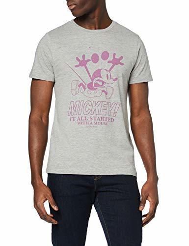 Marca Amazon - find. Camiseta con Estampado de Mickey para Hombre, Gris,