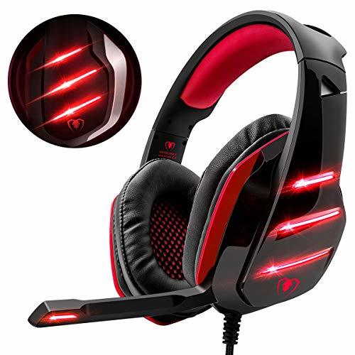 Cascos PS4 con Microfono, Beexcellent GM-3 Rojo con Orejeras de Gran Tamaño,
