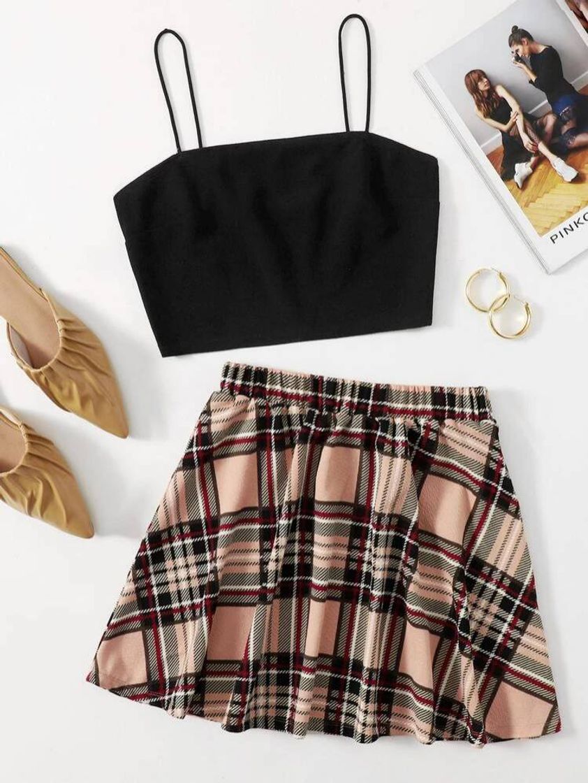 Fashion Shein Xadrez Ocasional Roupa De 2 pçs