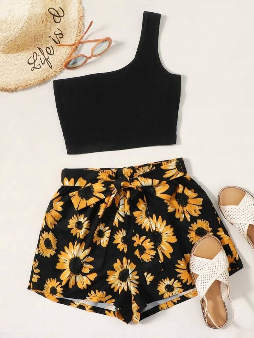 Fashion Shein Preto Com Cinto Floral Boho Roupa de 2pçs