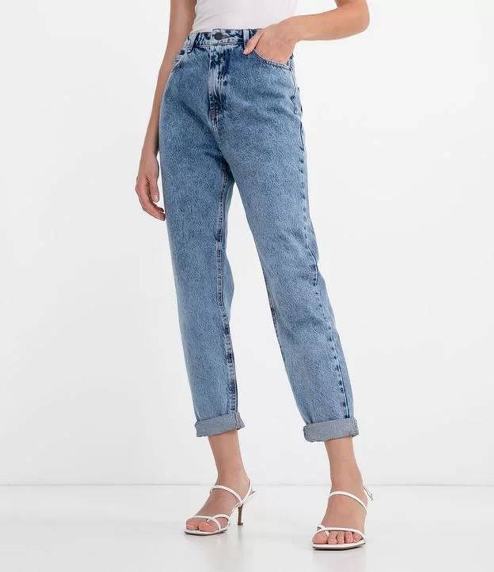 Moda Calça Mom Jeans Lisa com Barra Dobrada Azul