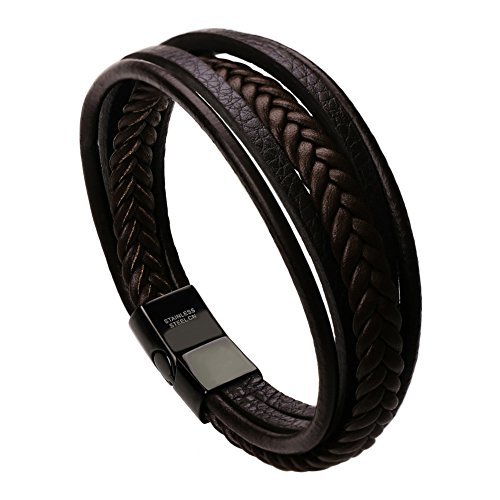 Fashion murtoo Pulsera Hombre Cuero Acero Inoxidable Cierre Magnética Negro Cuero Marrón Negro