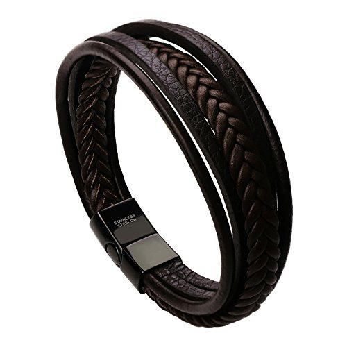 murtoo Pulsera Hombre Cuero Acero Inoxidable Cierre Magnética Negro Cuero Marrón Negro