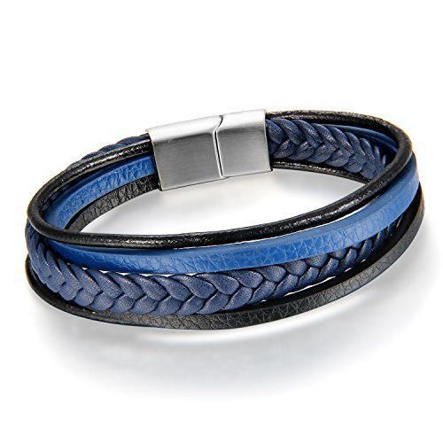 Cupimatch Pulsera Hombre Cuero Trenzada Brazalete Multicapa Azul Regalo Navidad San Valentin