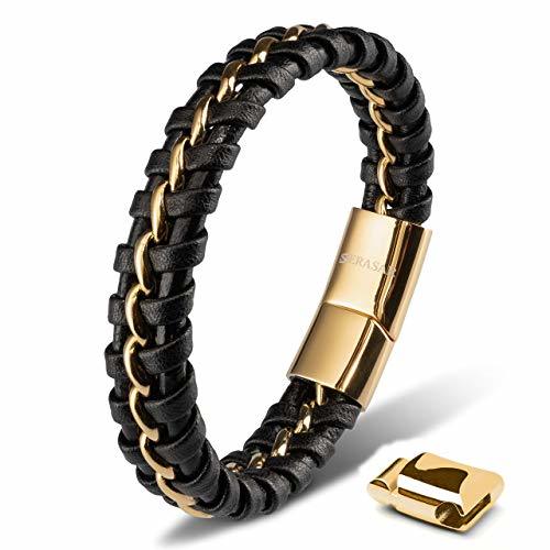 Fashion SERASAR 20cm Oro Pulsera de Cuero Hombre Chico Pulseras Hombres Brazalete Brazaletes