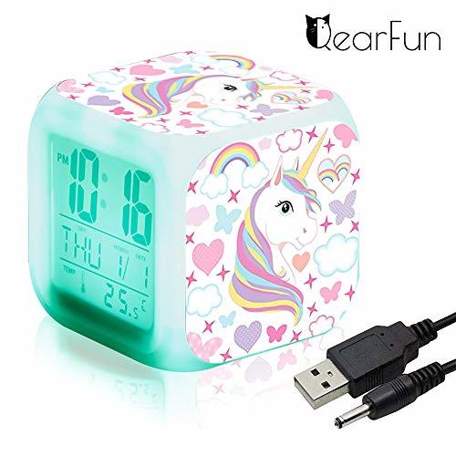 Unicornio Relojes de alarma digitales para niñas, LED de noche que brilla
