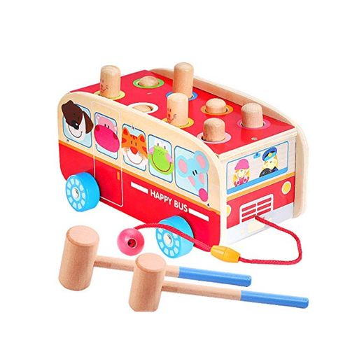 Vanplay Juguetes de Martillo de Madera Golpea Topo Juego Bebe Arrastre Bus de Animales Juguete para Niños 18 Meses